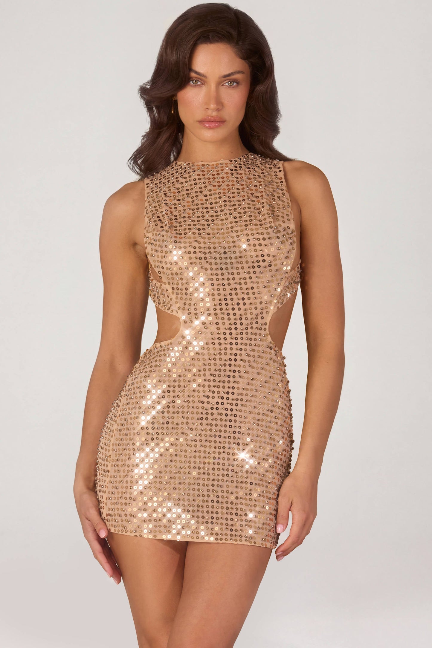 Embellished High-Neck Mini Dress in Gold