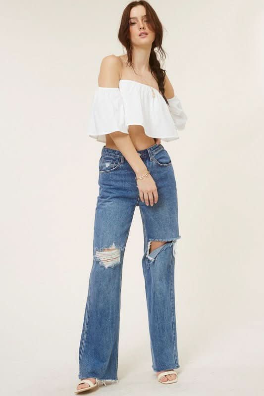 Darcie White Flowy Off-Shoulder Crop Top
