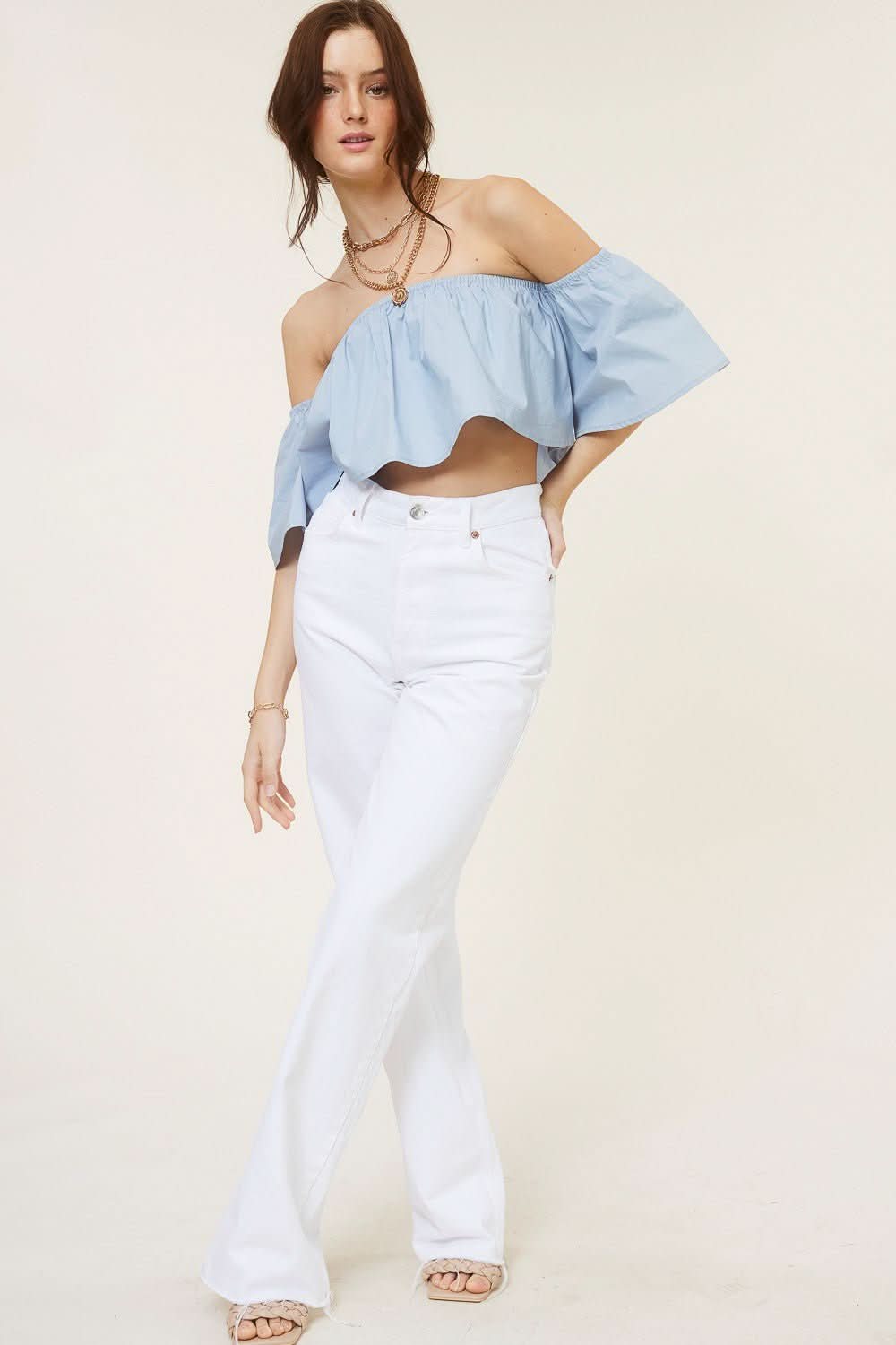 Darcie Sky Flowy Off-Shoulder Crop Top