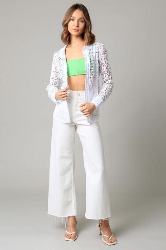 Devi White Crochet Lace Button Down Top