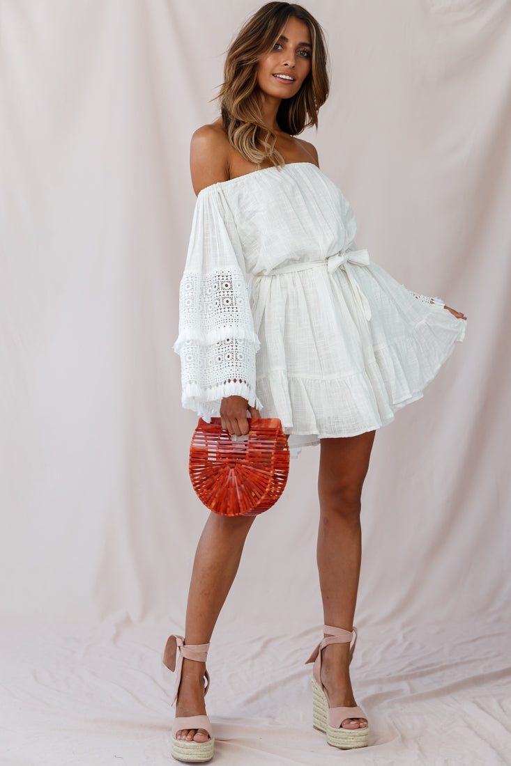 Mona Off-Shoulder Embellished Sleeve Dress White