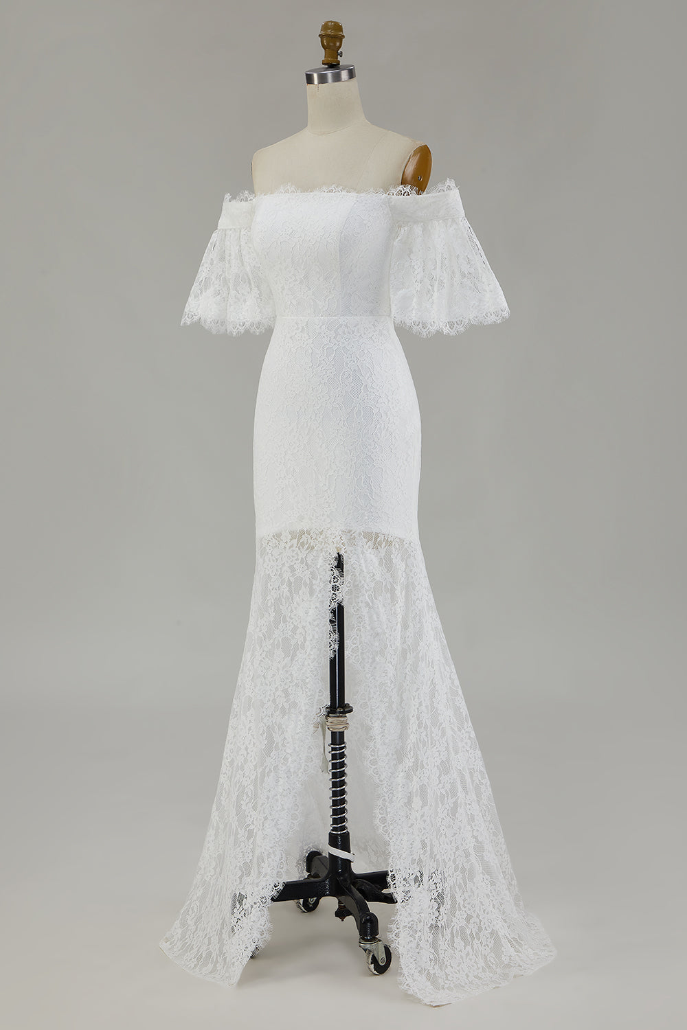 White Lace Mermaid Off the Shoulder Maxi Wedding Dress with Slit