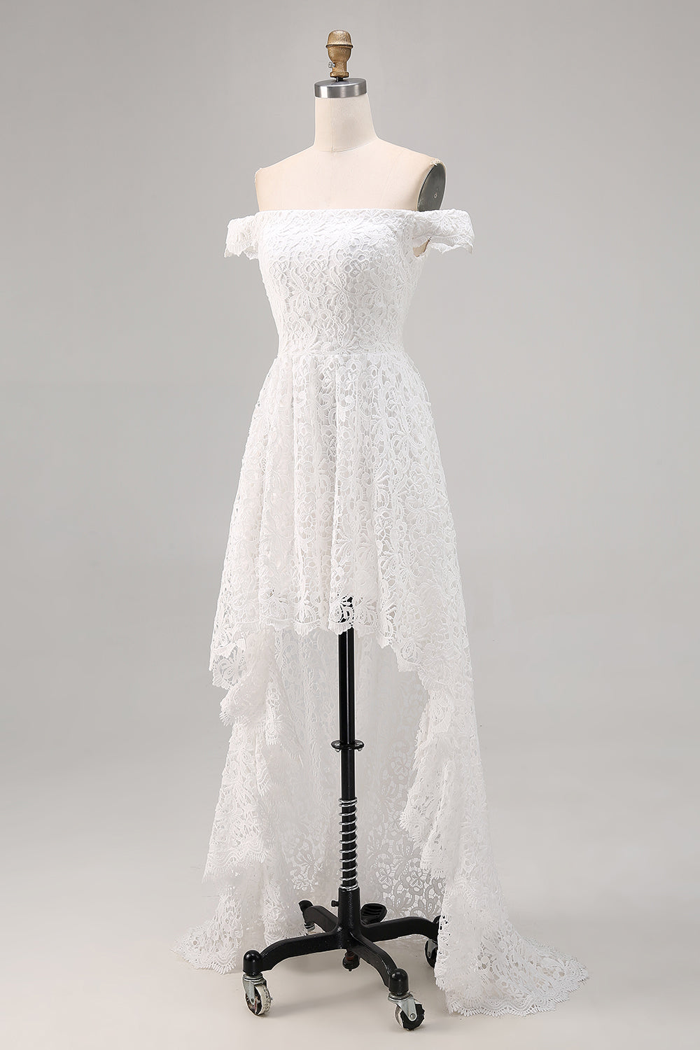 White Lace A Line Off The Shoulder High-Low Boho Maxi Dress with Ruffles