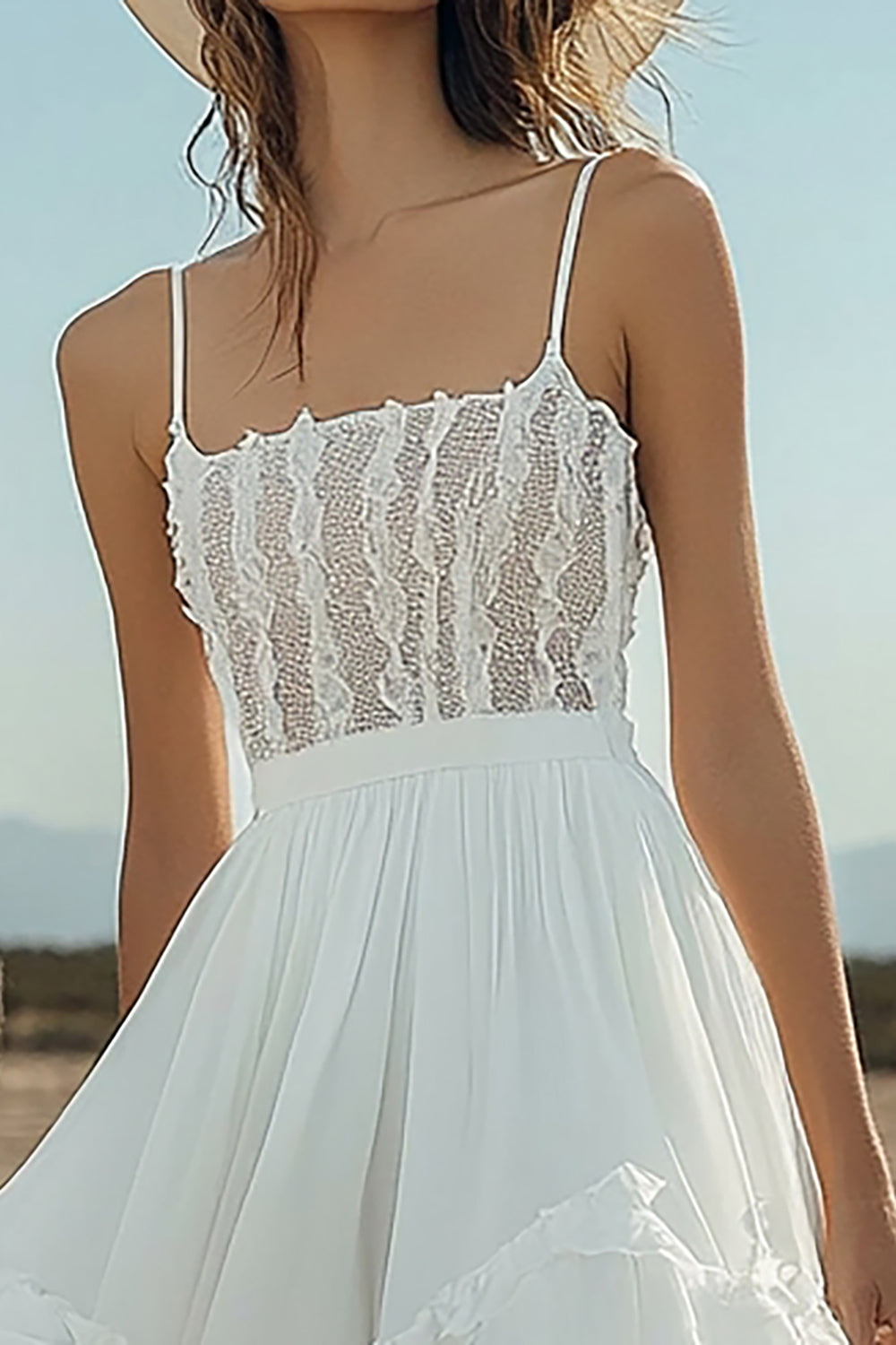 Ivory High-Low Chiffon Boho Western Wedding Dress with Lace