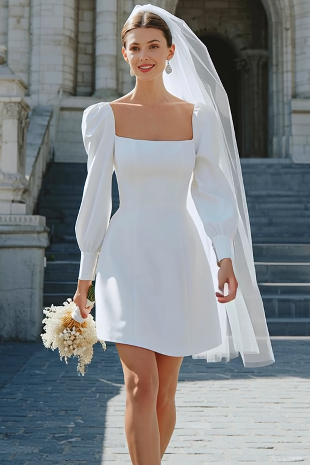 Ivory Satin A Line Short Wedding Dress with Sleeves