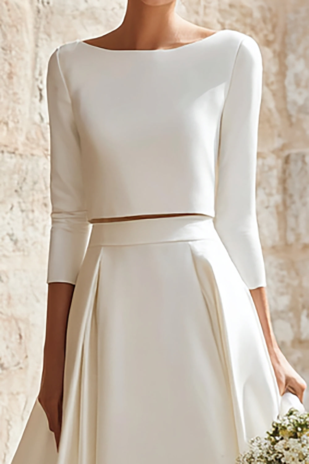 Ivory Satin 2 Piece A-Line Boat Neck Long Wedding Dress with Sleeves