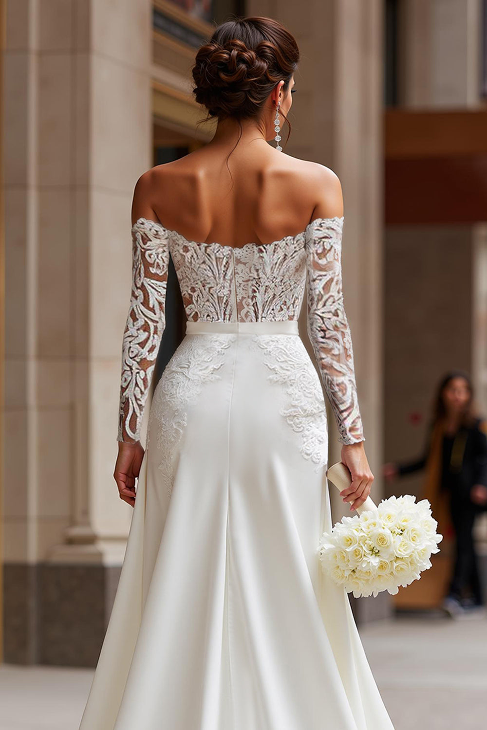 White Off the Shoulder Lace Appliqued Bridal Jumpsuits with Detachable Cape