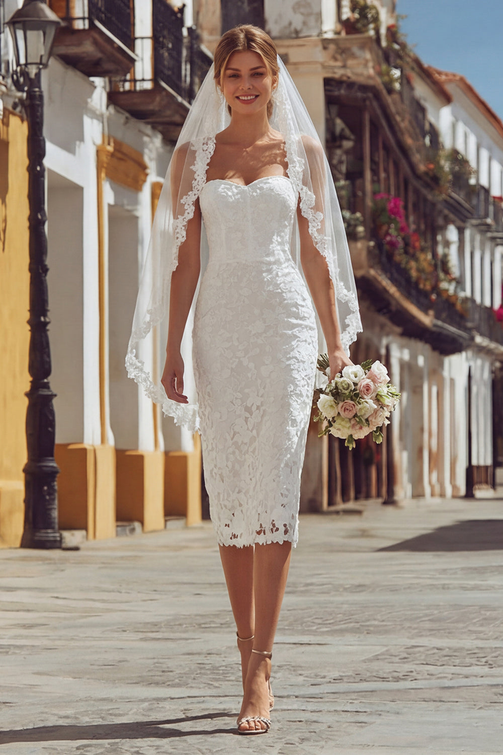Ivory Lace Bodycon Thick Straps Midi Engagement Dress