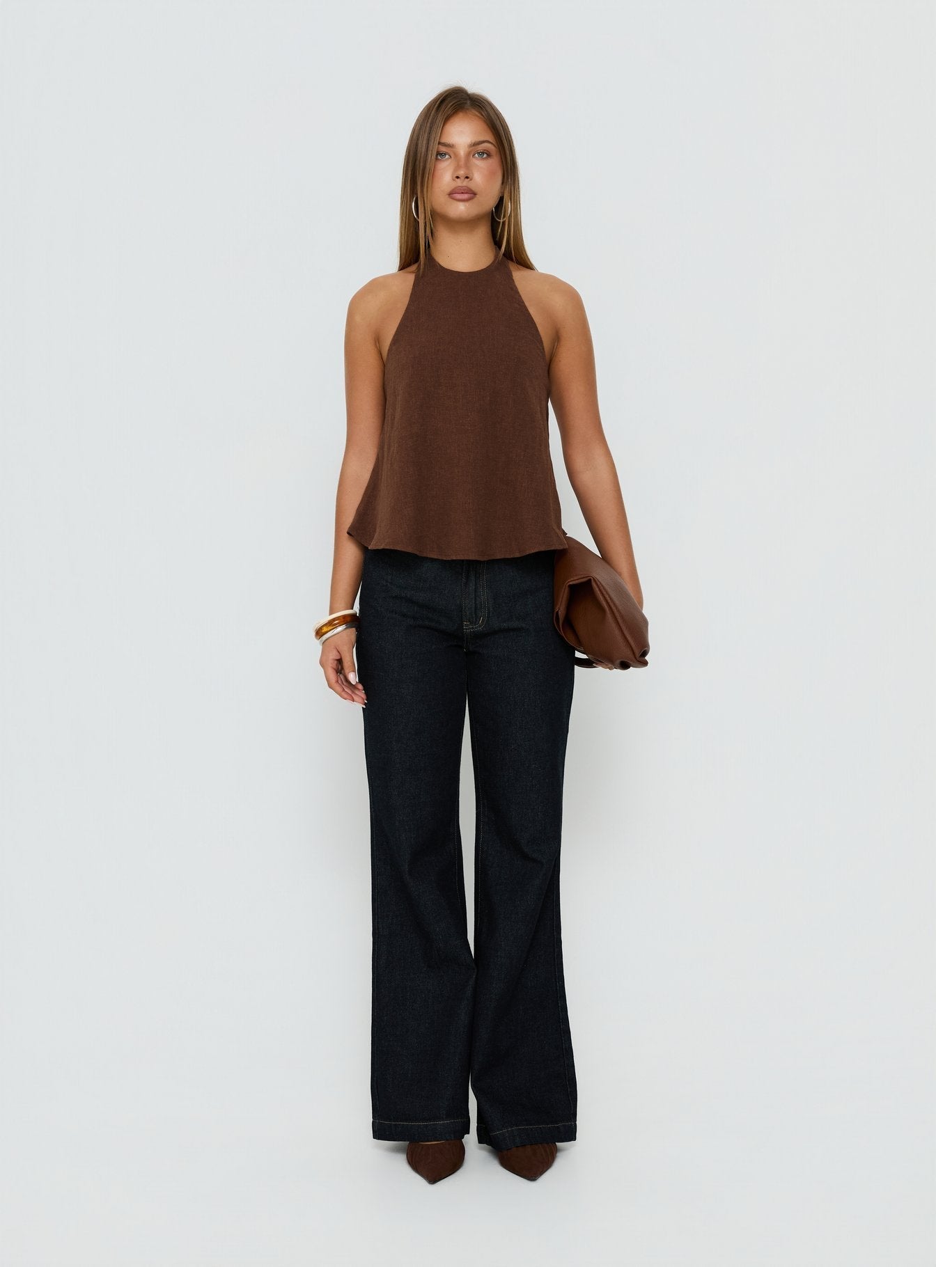 Aquaria Halter Linen Blend Top Chocolate