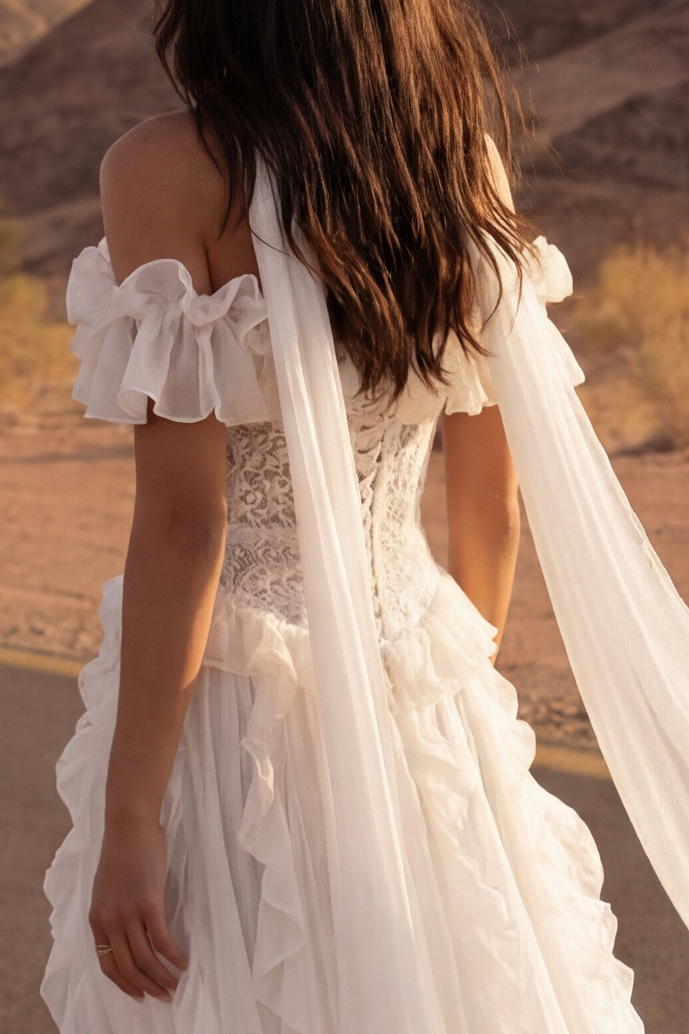 Floral A Line Maxi Ivory Beach Wedding Dress with Ruffles