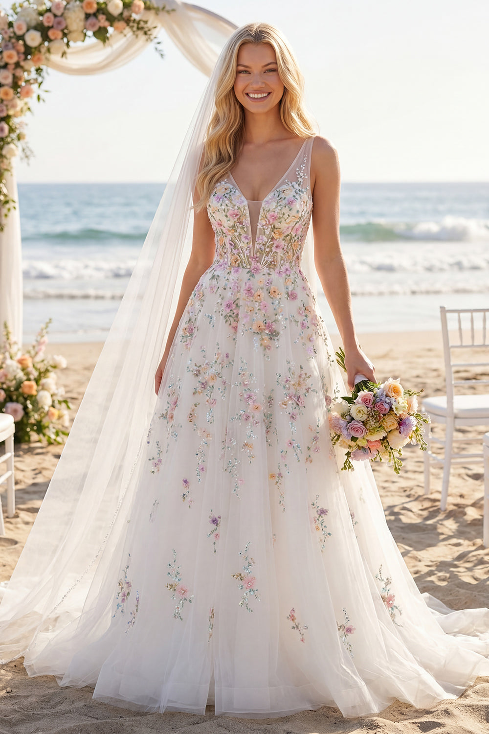 Floral Corset V-Neck White A Line Sweep Train Backless Wedding Dress