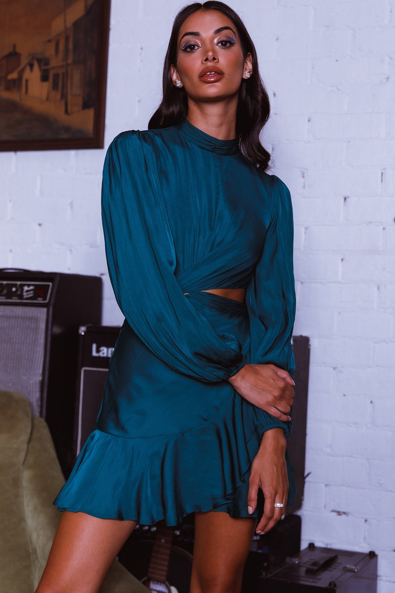 Feels Like Home Long Sleeve Cut-Out Dress Forest Green