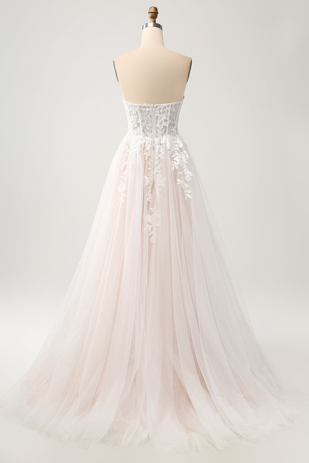 White A Line Strapless Sparkly Wedding Dress with Applique Lace