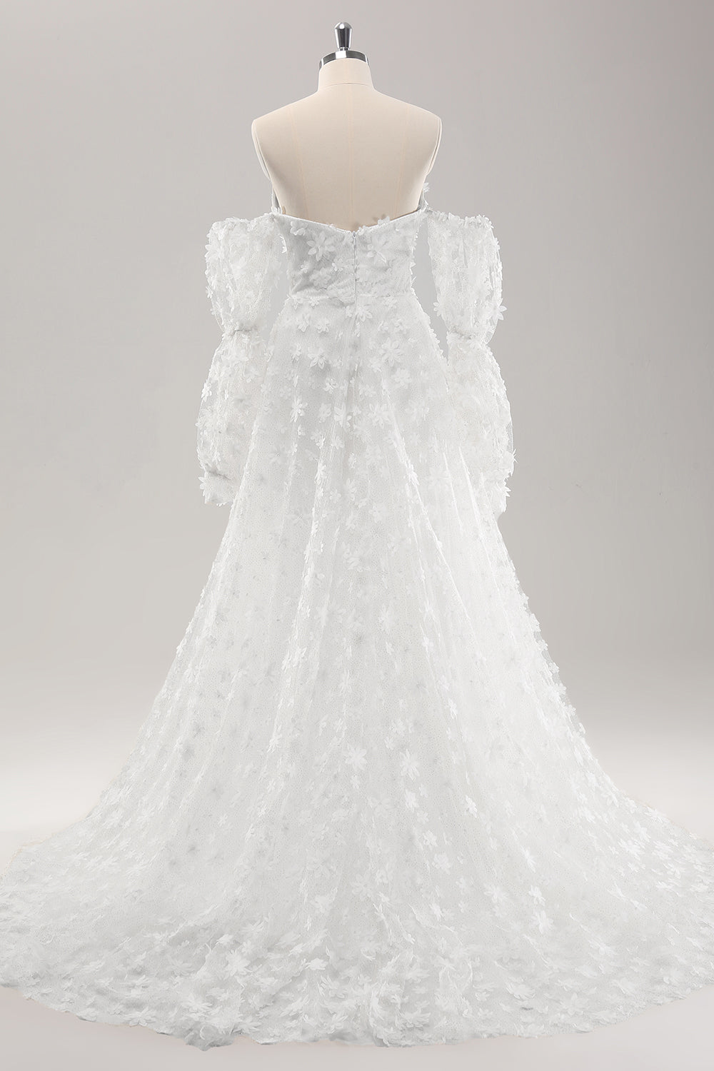 White A Line Strapless Applique Lace Wedding Dress with Detachable Sleeves