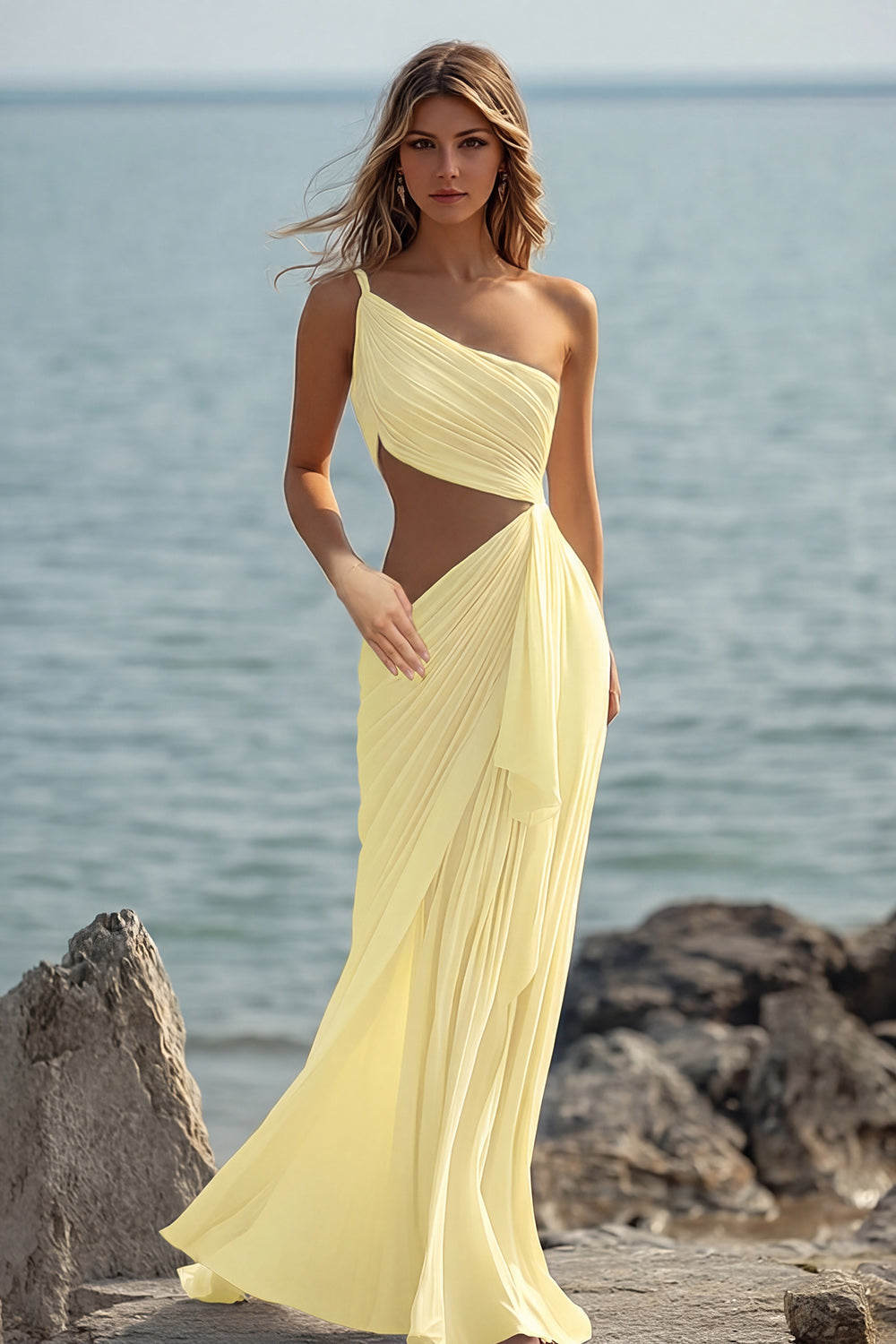 White Chiffon Sheath Cut-Out Long Rehearsal Dinner Dress