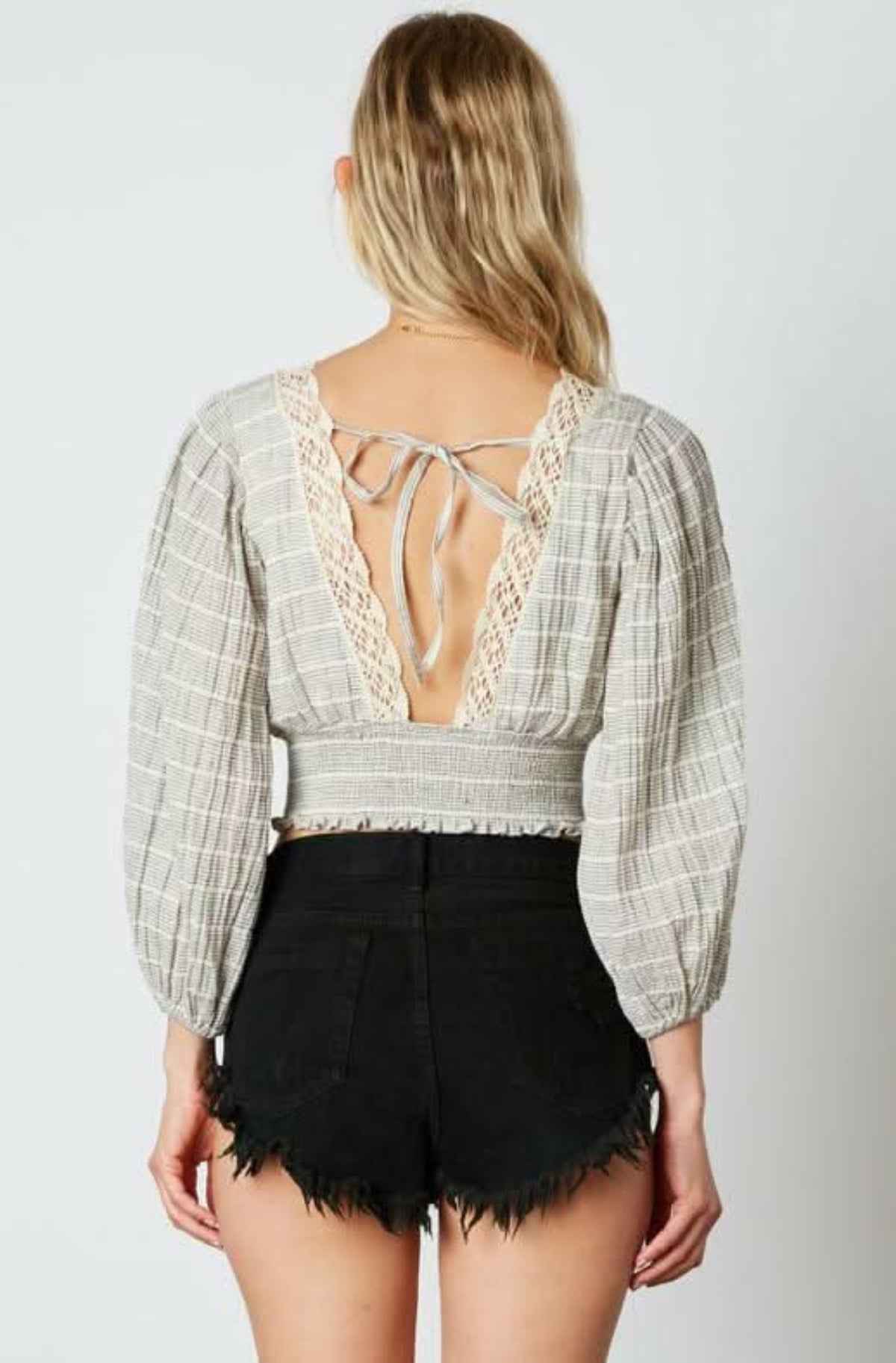 Lola Beige and Black Striped Lace Crop Top