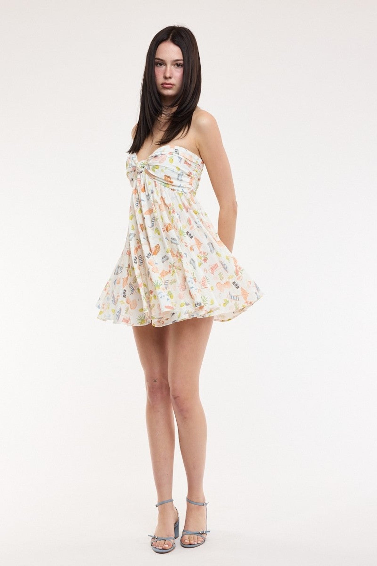 Colette White Vacation Print Strapless Babydoll Dress