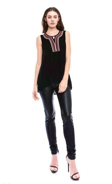 Petra Black Sleeveless Embroidered Neckline Top