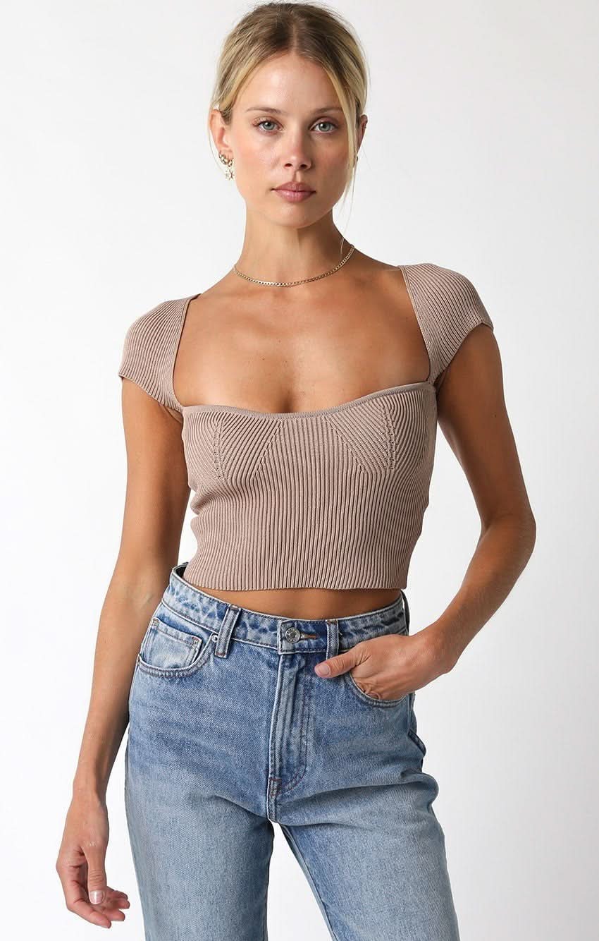 Emma Khaki Cap Sleeve Sweater Crop Top