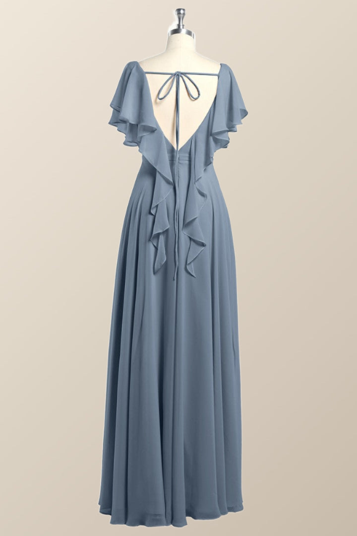 Flutter Sleeves Sage Green Chiffon A-line Long Bridesmaid Dress