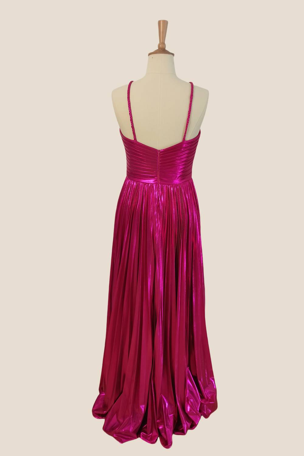 Halter Fuchsia Pleated Metallic Long Dress