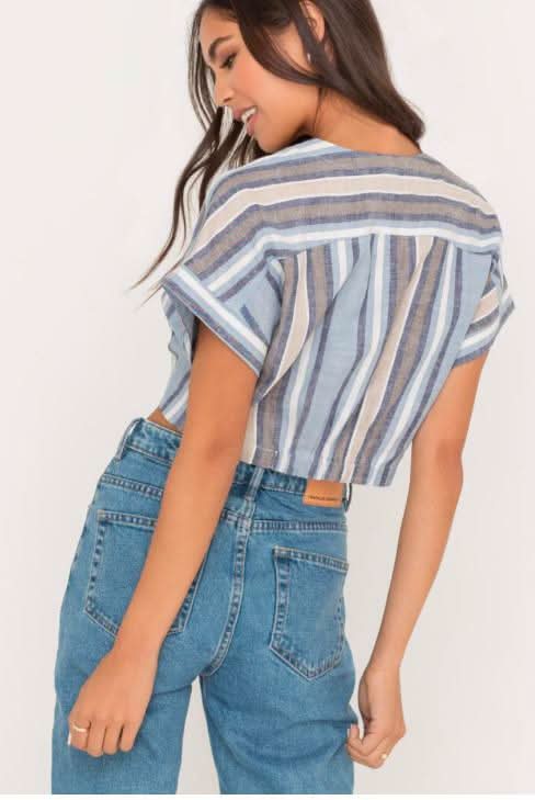 Electra Denim Stripe Print Tie-Front Crop Top