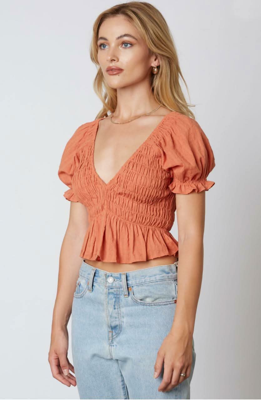 Dana Terra Cotta Smocked Puff Sleeve Ruffle Top