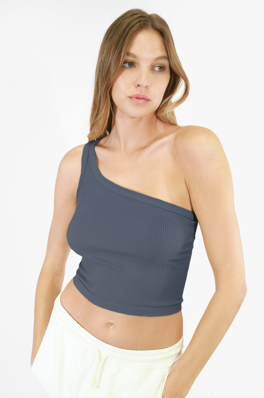 NIKIBIKI Ink Blue Cropped One Shoulder Ribbed Tank