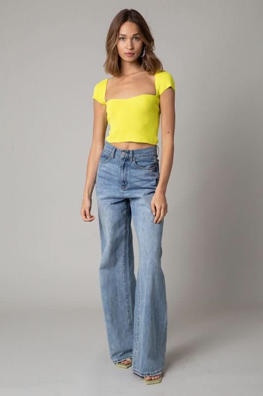 Emma Lemon Cap Sleeve Sweater Crop Top