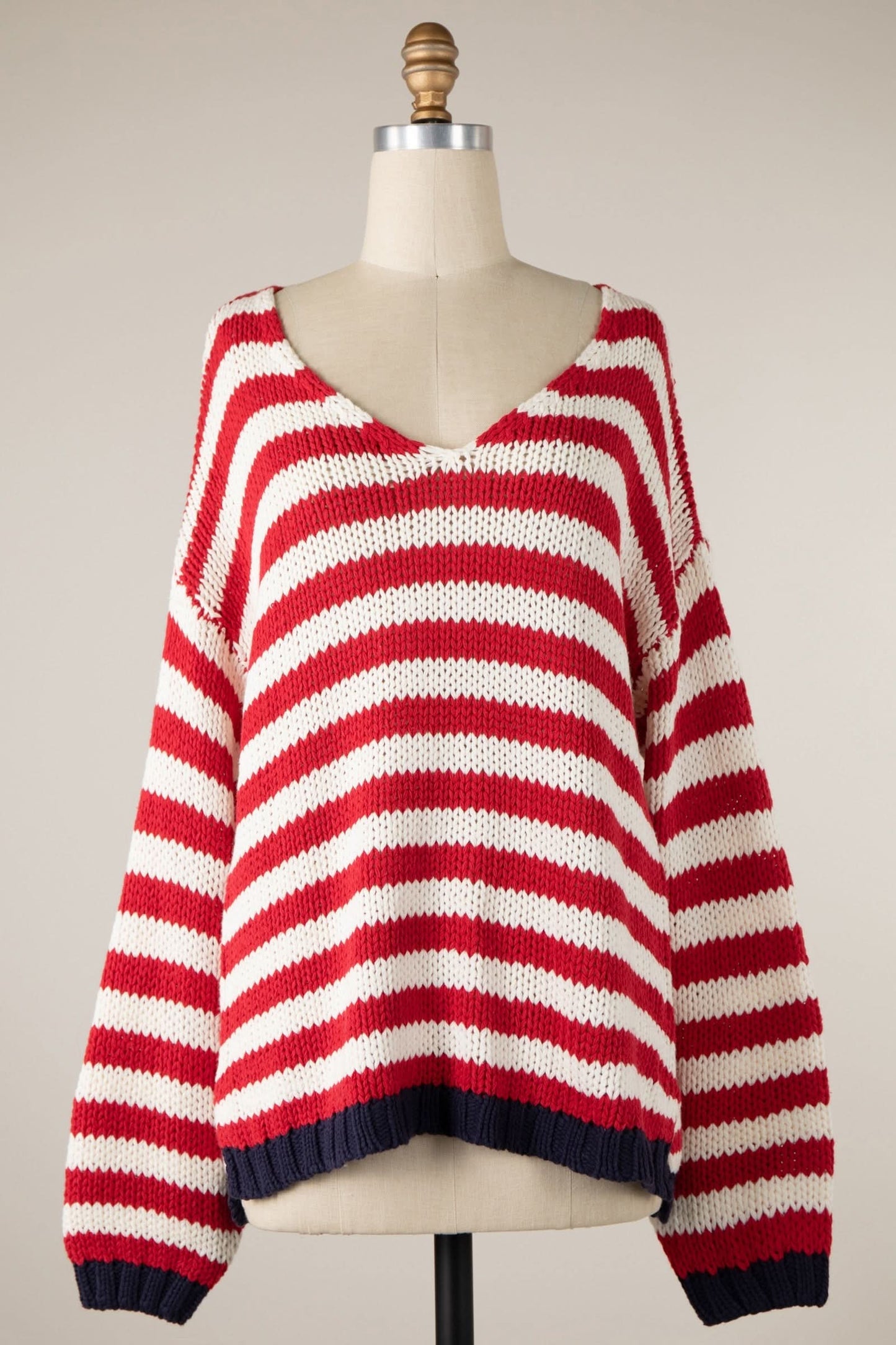 Lia Red Stripe Oversized V-Neck Sweater Top