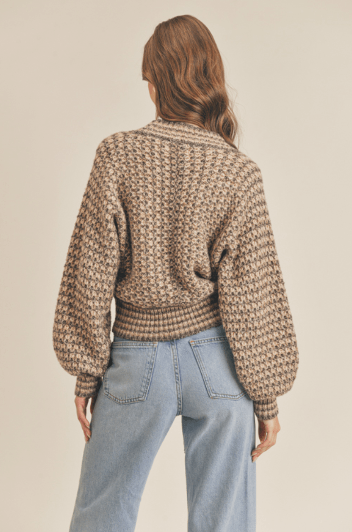 Dimitra Taupe Multi Knit Puff Sleeve Cardigan