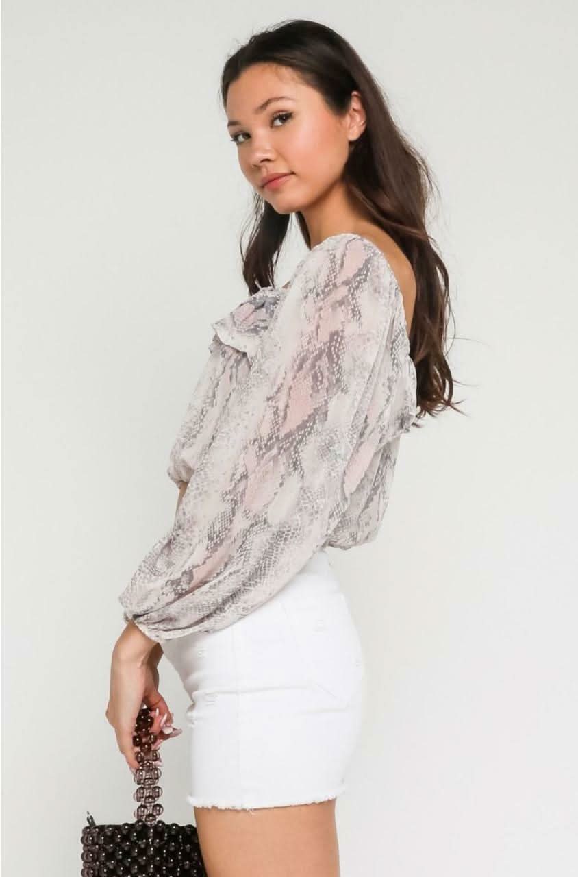 Mila Blush Snake Long Sleeve Ruffle Crop Top