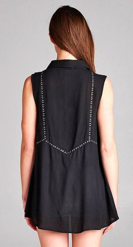 Heather Black Button Front Sleeveless Collared Shirt