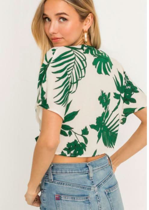 Emma Cream Palm Print Tie-Front Crop Top