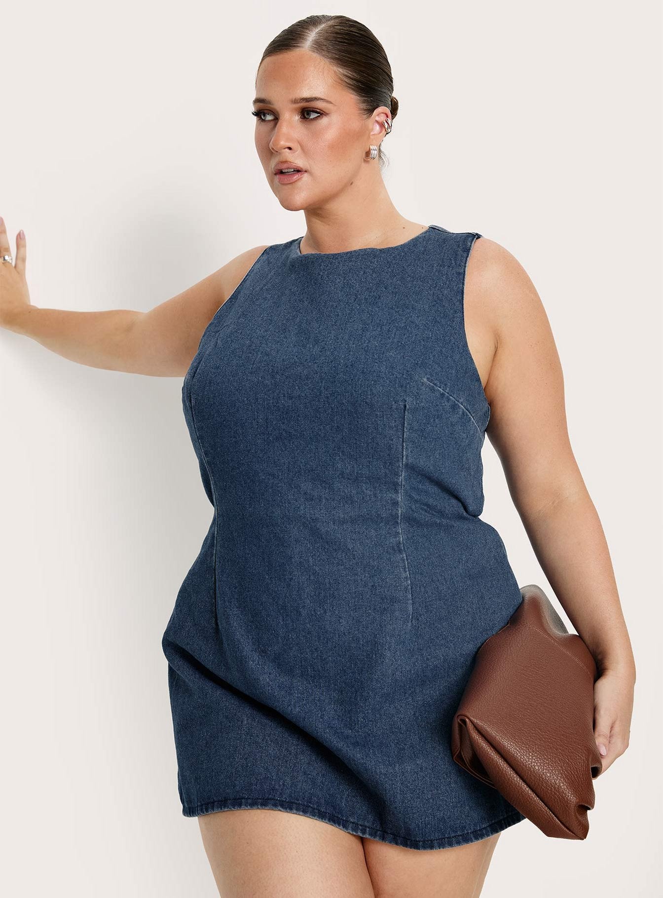 Ainsleigh Shift Denim Romper Mid Blue Wash Curve