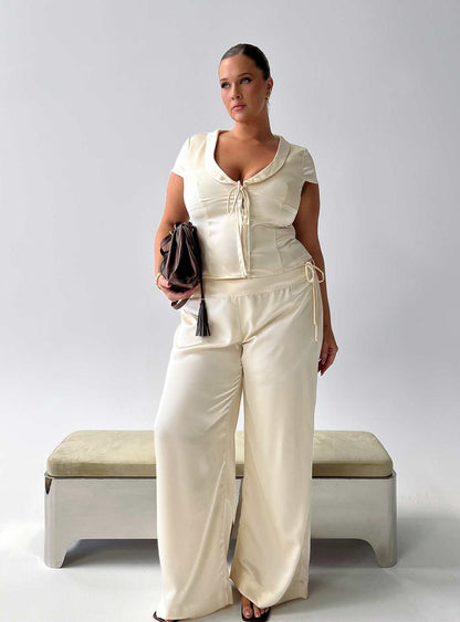 Aubrette Satin Tie Pants Cream Curve