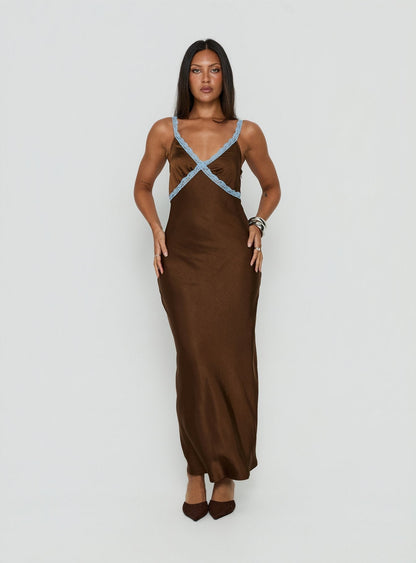 Carletta Lace Contrast Maxi Dress Brown / Blue