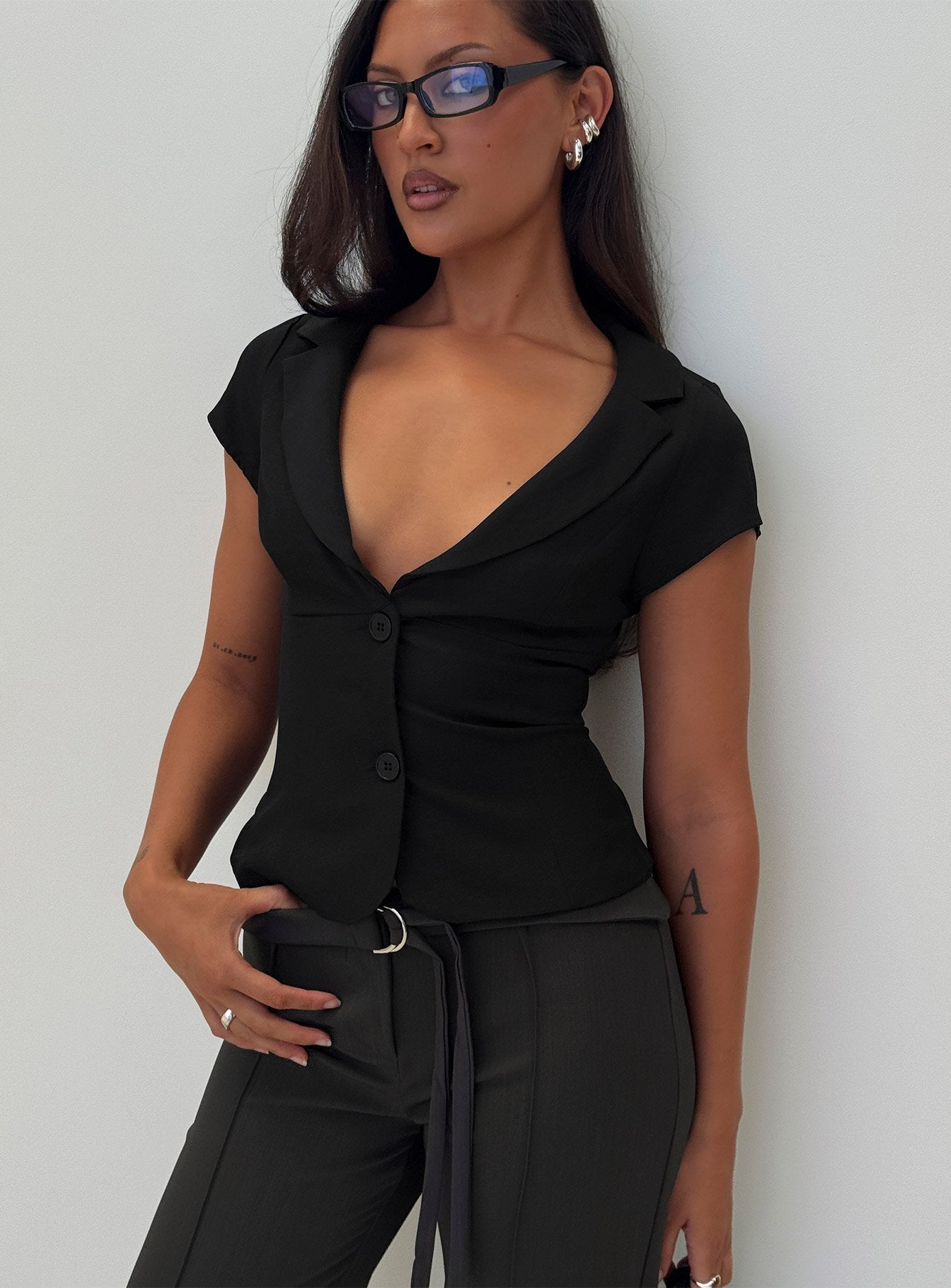 Alexandrea Plunge Button Up Top Black