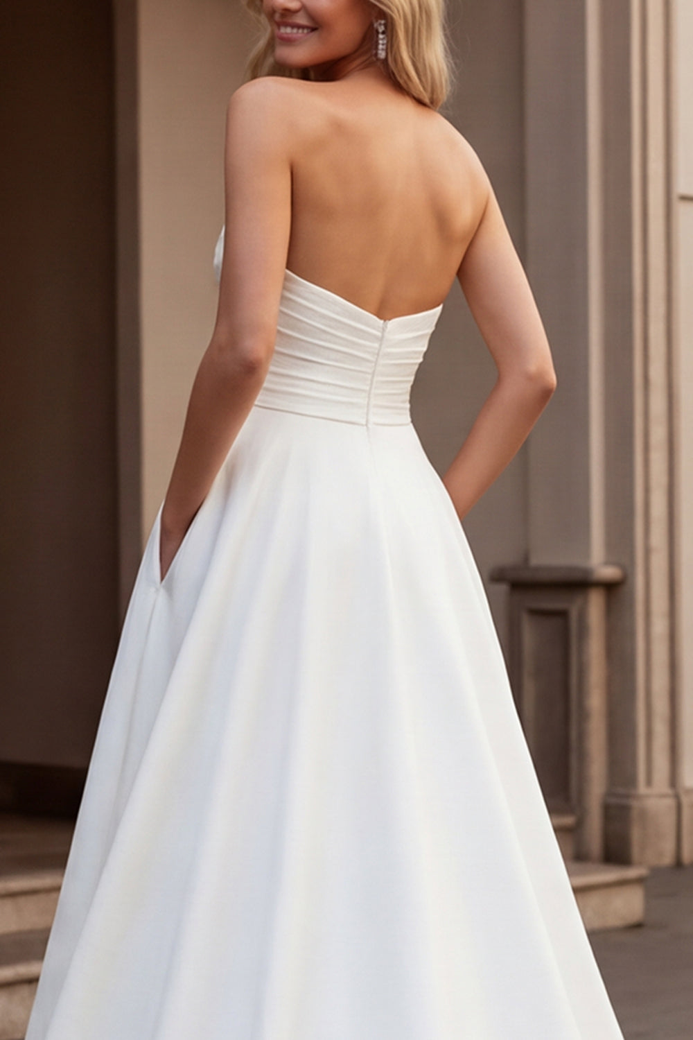 Ivory Strapless A Line Satin Ruched Wedding Dress