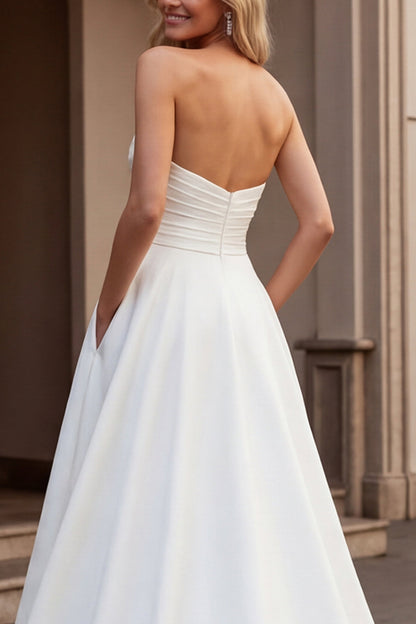 Ivory Strapless A Line Satin Ruched Wedding Dress