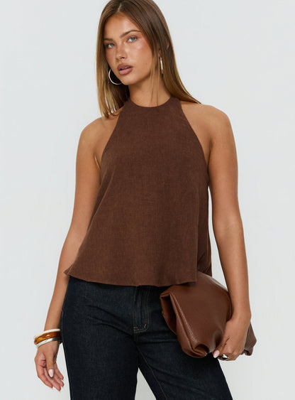 Aquaria Halter Linen Blend Top Chocolate
