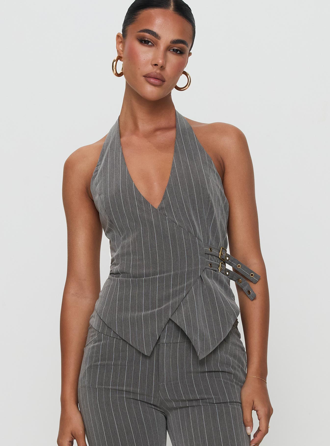 Calexico Buckle Halter Top Grey Pinstripe