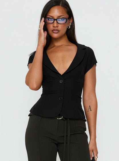 Alexandrea Plunge Button Up Top Black