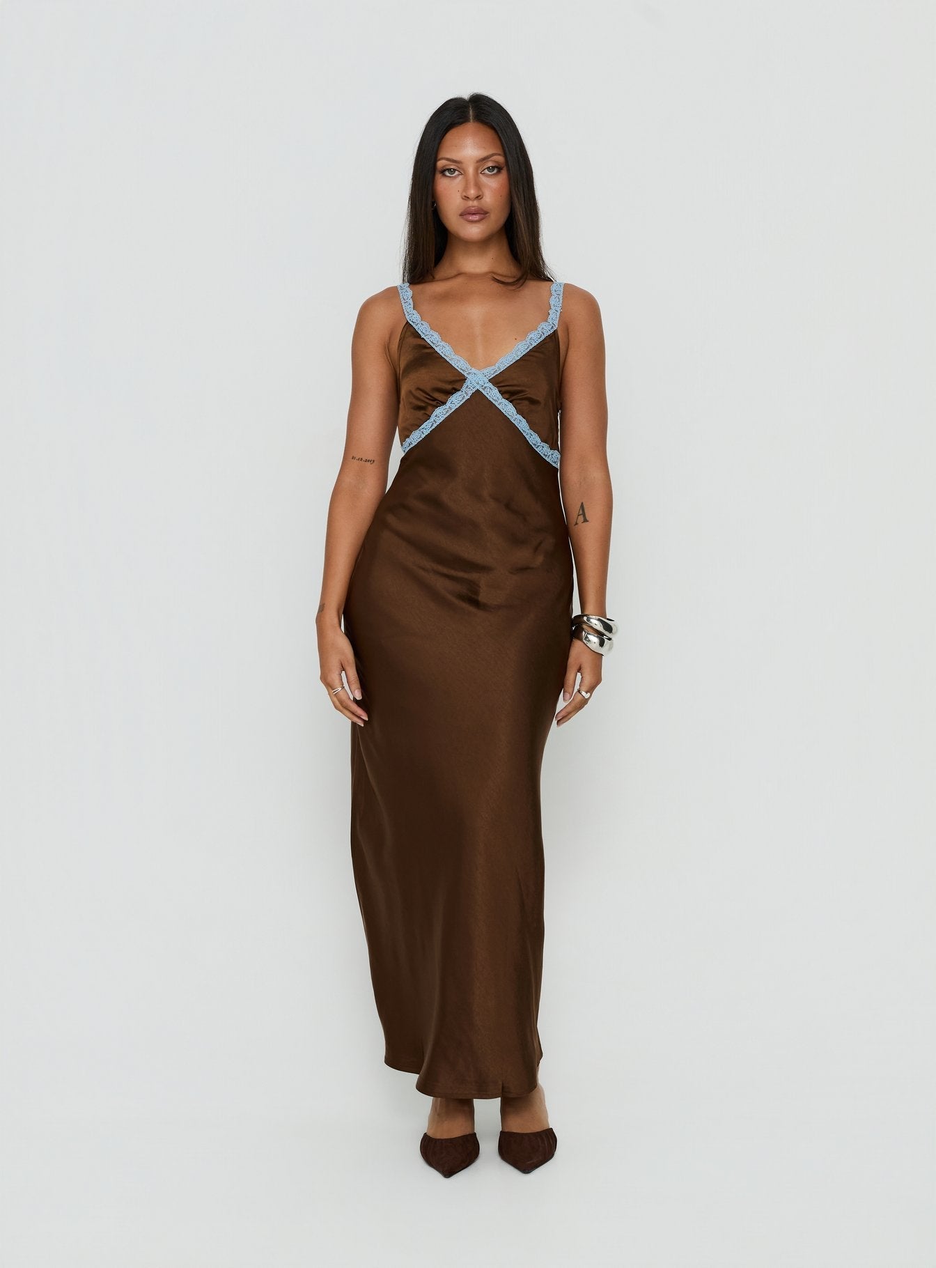 Carletta Lace Contrast Maxi Dress Brown / Blue