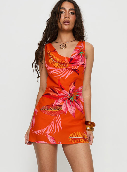 Breeanne Plunge Neck Backless Romper Orange Floral