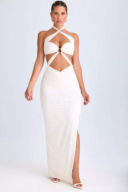 Cut-Out Ruched Halterneck Maxi Dress in White