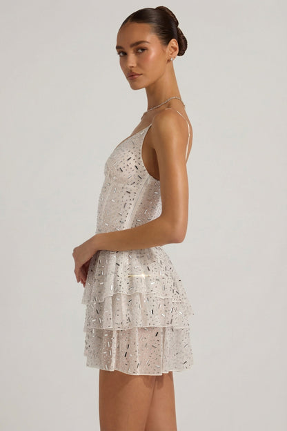 Embellished Ruffled Tiered Mini Dress in White