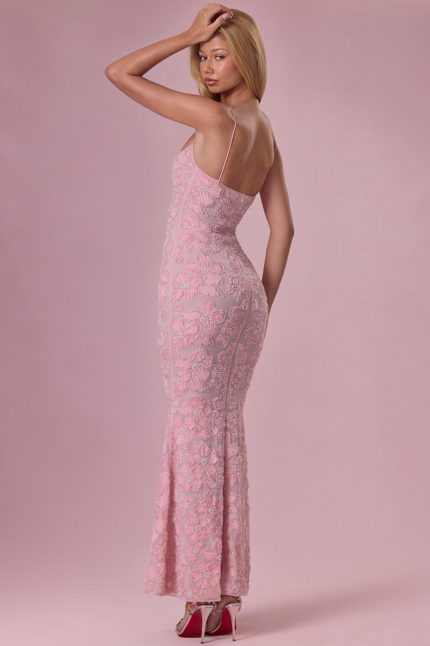Embellished Square Neck Maxi Dress in Blush