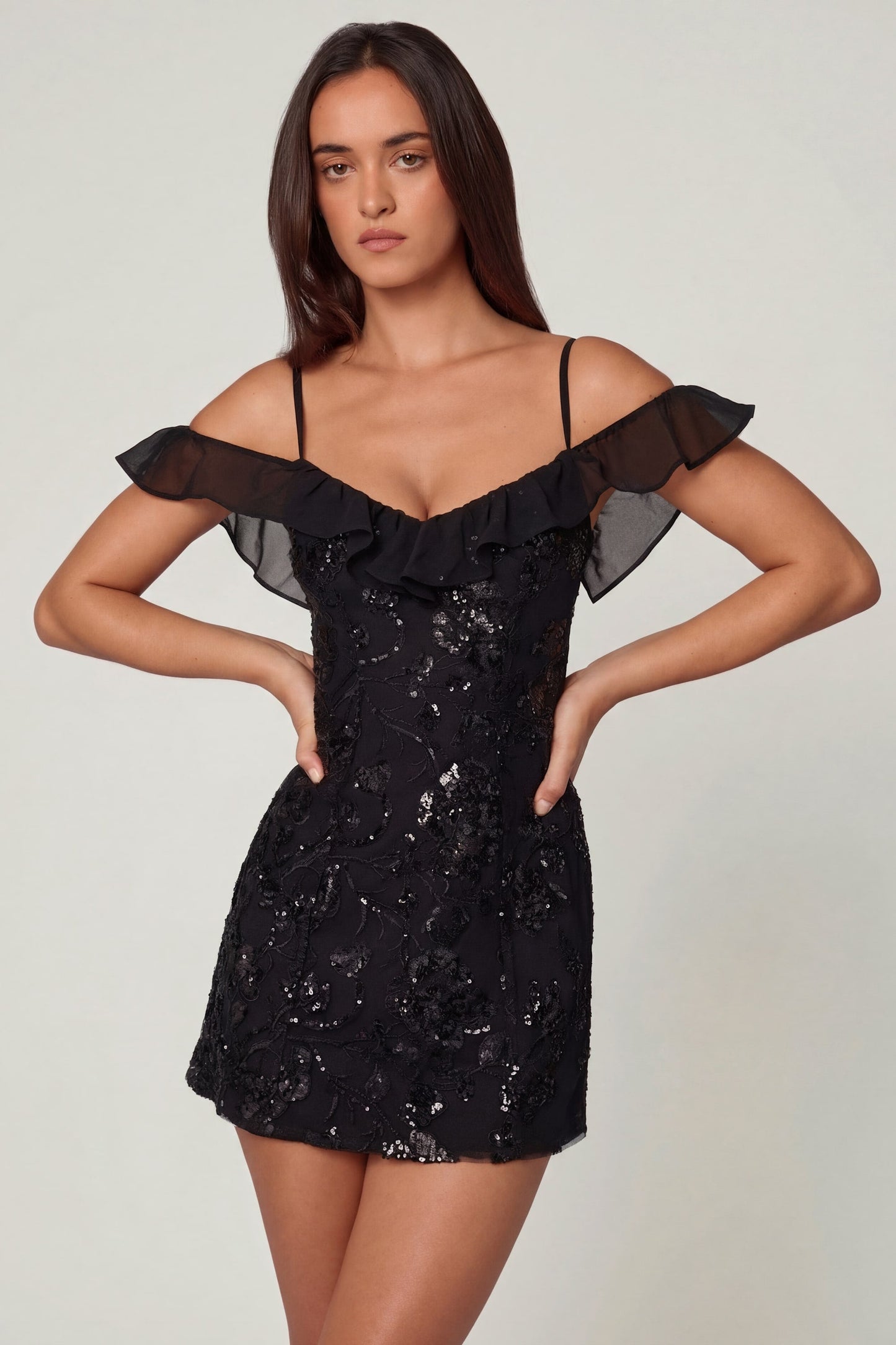 Embellished Lace-Up A-Line Mini Dress in Black