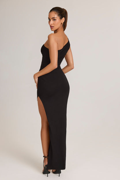 Modal Asymmetric Ruched Maxi Dress in Black